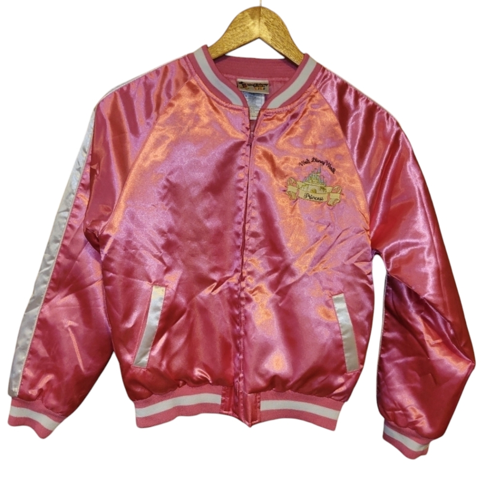 Disney World Princess Pink Satin Bomber Jacket Girls Large Shiny Coat